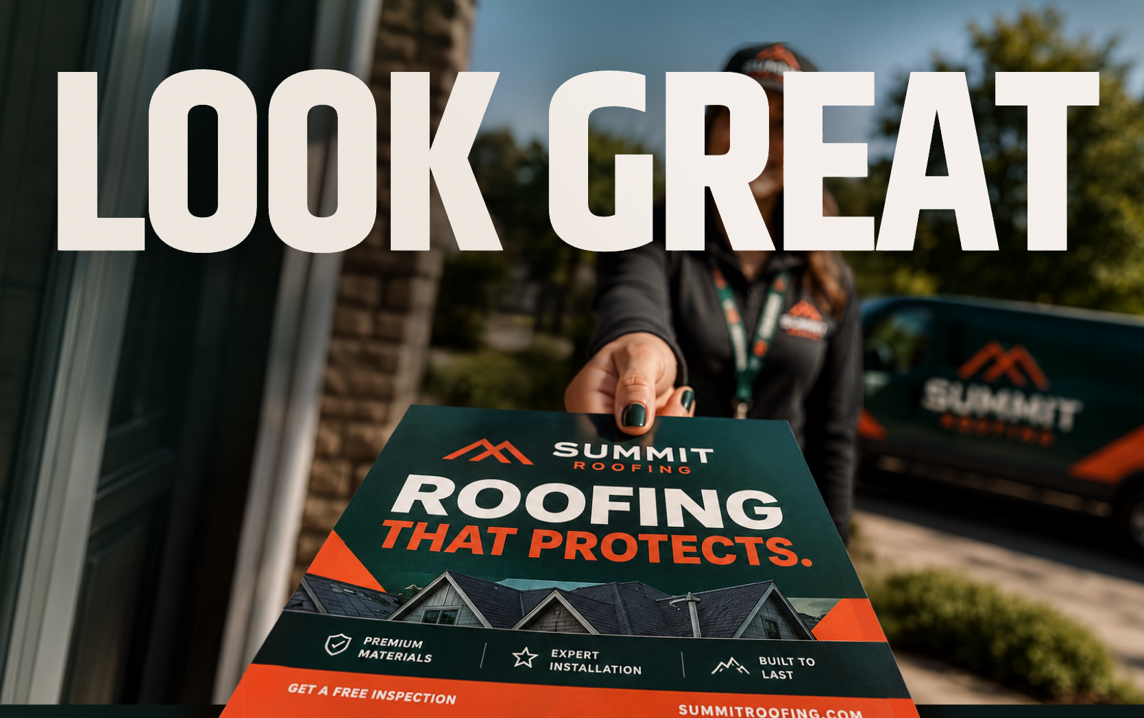 BrandEasy example mockup showing a full brand look across a flyer and vehicle.
